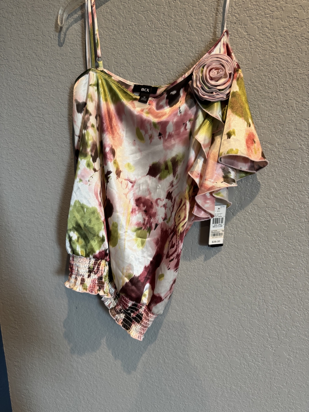 BCX Pink Green Floral One-Shoulder Ruffle Blouse